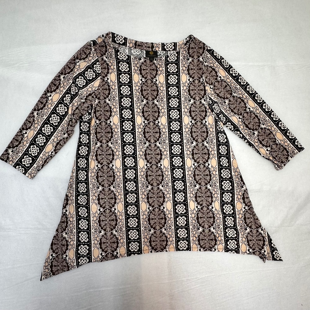 JM Collection Womens 0X Medallion Print Sharkbite Hem 3/4 Sleeve Tunic Top Brown